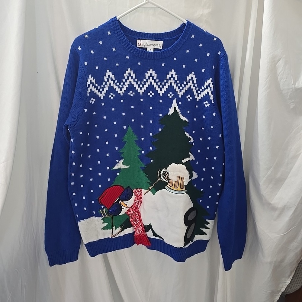 Jolly Sweaters Holiday Snowman Having a Beer Sunglasses Sweater Adult‎ L Blue